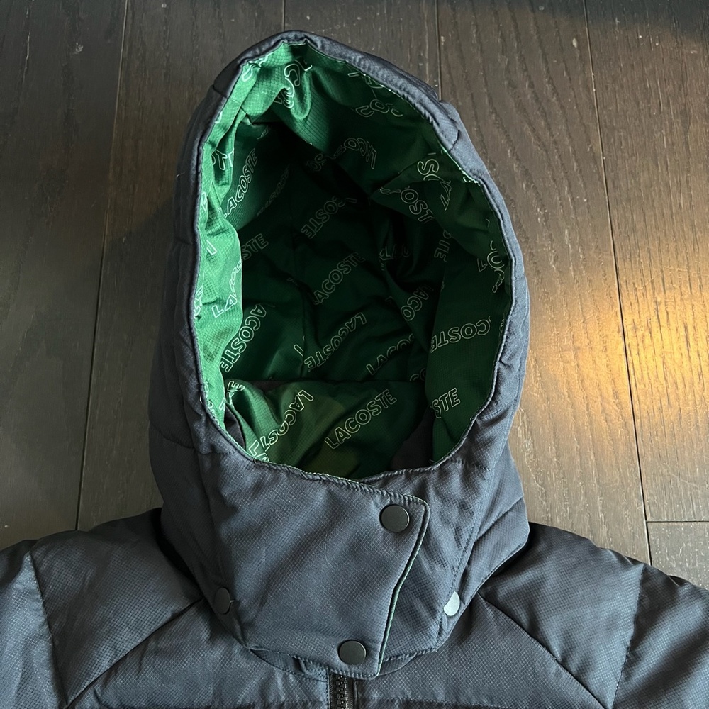 Lacoste L!VE Men's black green logo Print Reversible Quilted Jacket size 38 - Picture 3 of 15